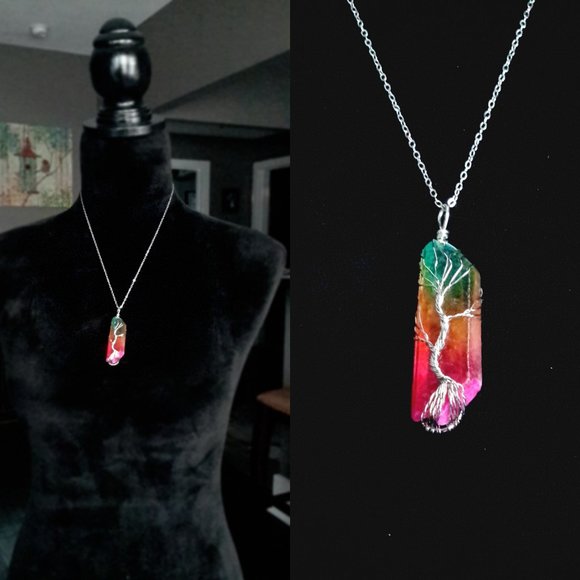 🌳Tree of Life🌳 Wire Wrap Rainbow🌈Sunset Raw Crystal Quartz Necklace✨ - Picture 3 of 5
